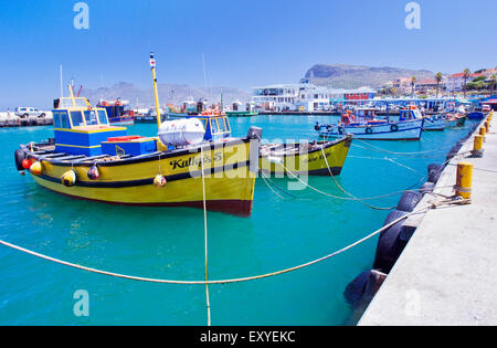 Angelboote/Fischerboote im Hafen von Kalk Bay unter strahlend blauem Himmel Stockfoto