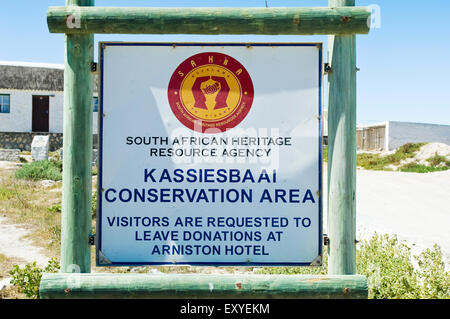 Kassiesbaai Conservation Area Zeichen bei Arniston, South Africa Stockfoto