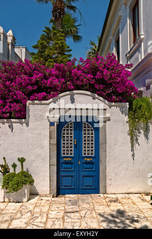 Griechisch oder Türkisch Stil Tür am Bodrum, Provinz Mugla, Türkei mit Bougainvilleas. Stockfoto