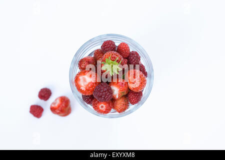 Frisch gepflückten Beeren im Glas, von oben. Stockfoto