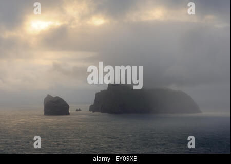 Die Insel Boreray, Stac Lee und Stac ein Armin alle Teil des St. Kilda Archipels, ragen aus den frühen Morgennebel. Stockfoto