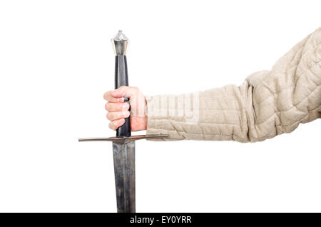 Pflanzen ein mittelalterliches Schwert in der hand mit mittelalterlichen Kleidung Stockfoto