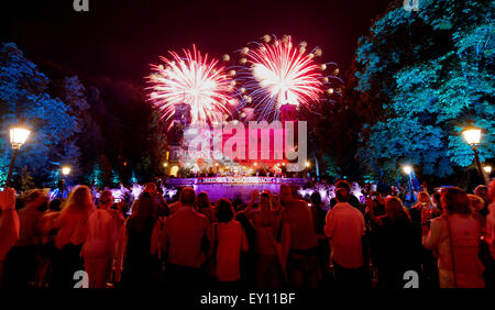 Dresden, Deutschland. 18. Juli 2015. Ein Colouful beleuchtet Anblick als Feuerwerk brennen im Himmel über dem Schloss Albrechtsberg in Dresden, Deutschland, 18. Juli 2015. Gefeiert wird, ist die "sterben Schloessernacht" (Nacht der Schlösser) mit den Gärten der Albrechtsberg, Lingner, Eckberg und Saloppe Paläste kulturelle Veranstaltungen. Foto: Arno Burgi/Dpa/Alamy Live-Nachrichten Stockfoto