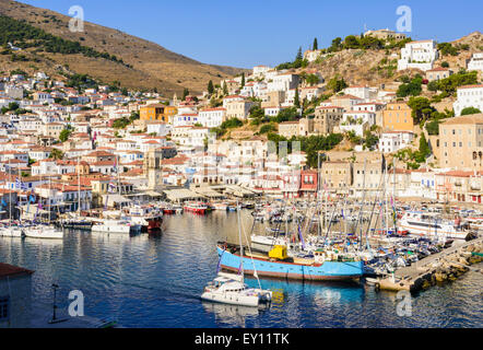 Hydra-Stadt Hafen Panorama, Hydra-Insel, Griechenland Stockfoto