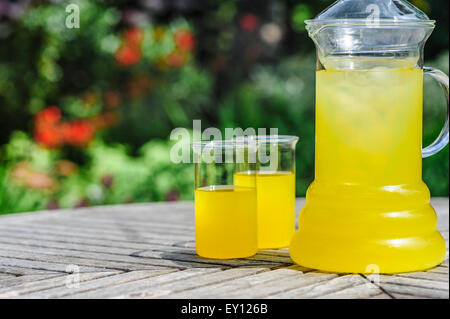 Krug mit gekühlten Orangensaft und zwei Gläser. Stockfoto