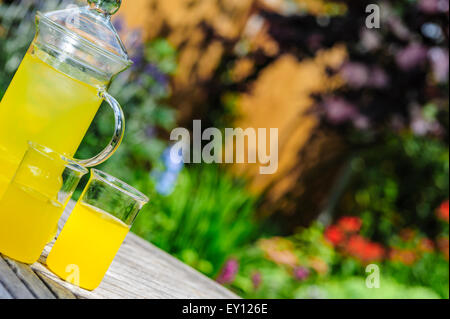 Krug mit gekühlten Orangensaft und zwei Gläser. Stockfoto