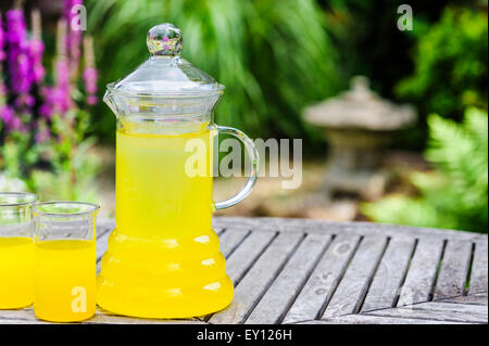 Krug mit gekühlten Orangensaft und zwei Gläser. Stockfoto