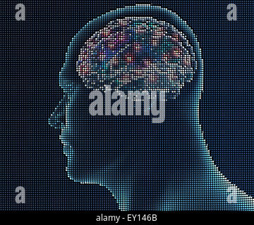 Seite anzeigen Illustration des menschlichen Gehirns in Pixel auf schwarzem Hintergrund Stockfoto