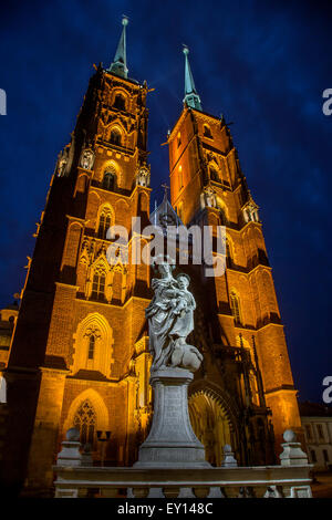 Nachtansicht der Kathedrale von St. Johannes des Täufers, Wroclaw, Polen Stockfoto