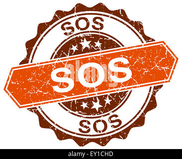 SOS-Orange Runde Grunge Stempel auf weiß Stockfoto