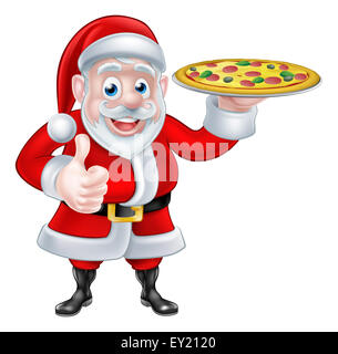 Cartoon Weihnachtsmann hält eine Pizza und ein Daumen aufgeben Stockfoto