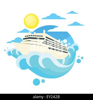 Kreuzfahrt Schiff Liner Sommer Ozean Unterkunftstyp Kreis Logo flach Stock Vektor