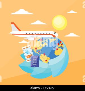 Urlaub Reise Buchung Ticket Online-Flug, Weltkarte Stock Vektor