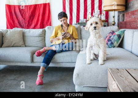 Porträt der jungen Frau mit Smartphone und niedlichen Hund auf Sofa im Wohnzimmer Stockfoto