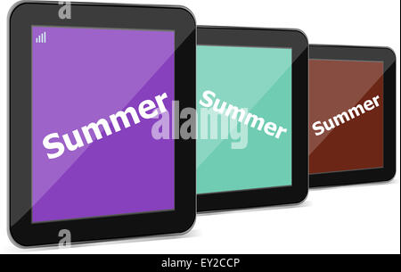 Sommer-Wort auf Tablet-pc-Bildschirm, Ferienkonzept Stockfoto