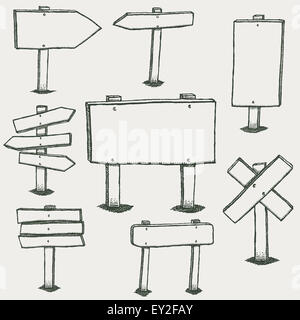 Abbildung einer Reihe von Hand gezeichnet, skizzierte Design Holzplatten und Verkehrszeichen Stockfoto