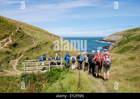 Rambler Gruppe Wandern auf Wales Coast Path in Porth Llanllawen, Lleyn Halbinsel / Pen Llyn, Gwynedd, Nordwales, UK, Großbritannien Stockfoto