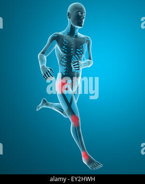 3D Mann Skelett laufen mit Schmerzen im Knie Stockfoto