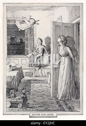 "Peter und Jane" Kapitel 16 Peter Besuche von eine Erwachsene Wendy und fliegen Sie mit ihrer Tochter Jane. Von 'Peter & Wendy' von j.m. Barrie (1860-1937), Illustration von F.D Bedford (1864-1954). Siehe Beschreibung für mehr Informationen. Stockfoto