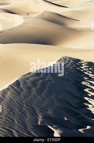 Fotograf auf Mesquite Sand Dunes bei Sonnenaufgang, Death Valley, CA Stockfoto