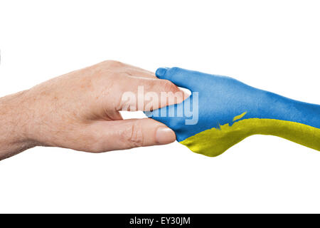 Zwei Hände und ukrainischen Flagge Stockfoto