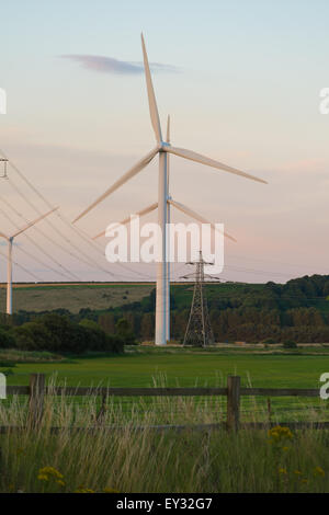 Windkraftanlagen und Strommasten in einer Wiese Stockfoto