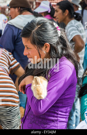 Ein junges Mädchen hält ein Haustier Kaninchen am lokalen Markt. Otavalo, Ecuador. Stockfoto