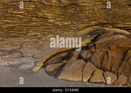 Schichten des sedimentären Sandstein, die Anpassung an die Form eines härter Basis Felsen auf Protection Island, British Columbia, Kanada Stockfoto