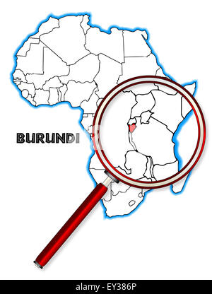 Burundi-Gliederung-Einschub in einer Karte von Afrika über einen weißen Hintergrund Stockfoto