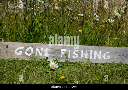 Hölzerne Weg Angeln Zeichen auf einer Wiese mit Gänseblümchen Stockfoto