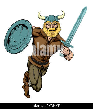 Ein Beispiel für eine harte aussehende Viking Warrior Maskottchen mit Schwert und Schild Stockfoto