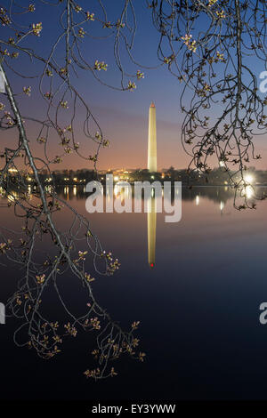 Washington Monument in der Morgendämmerung spiegelt sich in den See. Stockfoto
