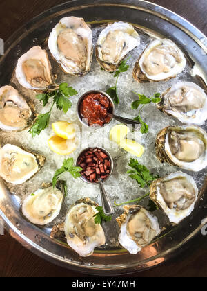 Rohe Austern auf der Schalenhälfte, Gourmet-Restaurant Essen, USA Stockfoto