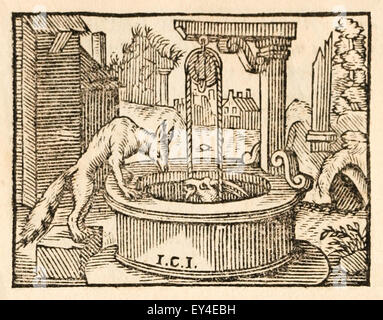 "Der Fuchs und die Ziege in einem Brunnen" Fabel von Aesop (ca. 600). Eine Ziege und Fox ging in einen tiefen Brunnen zu trinken. Weder konnte alleine raus. Die Ziege wurde überredet hilft der Fuchs, die dann die Ziege auf eigene Faust verlassen. Moral: Schauen Sie, bevor Sie leap.17th Jahrhundert Holzschnitt Drucken zur Veranschaulichung Aesop Fabeln. Siehe Beschreibung für mehr Informationen. Stockfoto