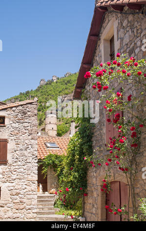 Das historische Dorf La Roque-Sainte-Marguerite liegen in der Dourbie Schlucht in der Nähe von Millau, Aveyron, Midi-Pyrénées, Frankreich, Stockfoto