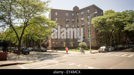 Die Queensbridge Süd-Häuser in Queens in New York am Donnerstag, 16. Juli 2015. New York wird die Bereitstellung kostenloser Breitbandzugang zu fünf Wohnbauprojekte in der Stadt über ein pilot-Programm ConnectHome. Neben den Queensbridge North und South Projekte werden Mott Haven und Red Hook Ost und West Teil des Programms. Queensbridge ist das größte Wohnprojekt im Land und das Programm bieten Zugriff auf 16.000 Einwohner aus den 400.000 in NYCHA Projekte Leben.  (© Richard B. Levine) Stockfoto