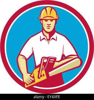 Beispiel für ein Baumpfleger Baumpfleger Gärtner Handwerker Arbeiter tragen Schutzhelm Kettensäge mit Blick auf die vordere Reihe im inneren Kreis getan im retro-Stil auf isolierte Hintergrund halten. Stockfoto
