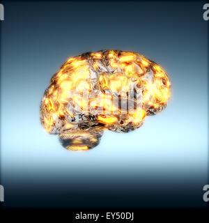 3D-Rendering des menschlichen Gehirns Glas mit glühenden Lichtspots. Konzept eines aktiven menschlichen Gehirns auf dunklem Hintergrund Stockfoto
