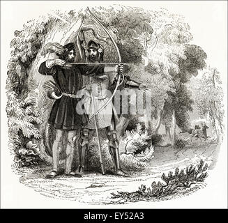 Robin Hood & Little John Jagd auf Hirsche in Sherwood Forest Nottinghamshire. Viktorianischen Holzschnitt, Kupferstich, ca. 1845. Stockfoto