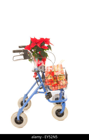 Blaue Walker mit Weihnachtsgeschenke und Weihnachtsstern isoliert auf weißem Hintergrund Stockfoto