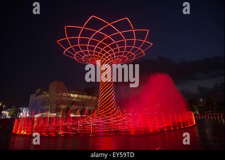 Italien Mailand Expo Baum des Lebens auf dem See außerhalb und Arena in der Nacht 2015, Architektur, Stadt, bunt, Hochbau, Stockfoto