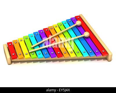 Xylophon mit regenbogenfarbenen Tasten und zwei Holz Drumsticks. 3D render isolierten auf weißen Hintergrund. Holzspielzeug. Percussio Stockfoto