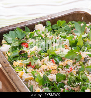 Gebratener Reis mit Zwiebeln, Ei, Huhn und Kräuter aus dem Garten mit frischen Sommer-style Stockfoto