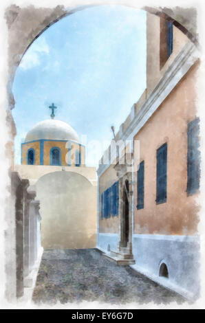 Ein digitales Aquarell der katholischen Kathedrale in der Hauptstadt Fira auf der griechischen Insel Santorin gelegen. Stockfoto