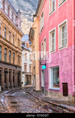 Digitale Malerei von einer der vielen malerischen kleinen Gassen in der alten Stadt-Region von Riga. Stockfoto