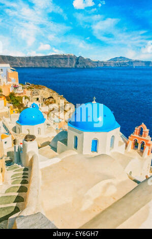 Digitale Malerei von ein paar der berühmten blauen Kuppelkirchen von Oia auf der griechischen Insel Santorin. Stockfoto