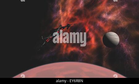 Science Fiction Angriff Raumschiff verlassen rote fremden Planeten für den Deep space Stockfoto