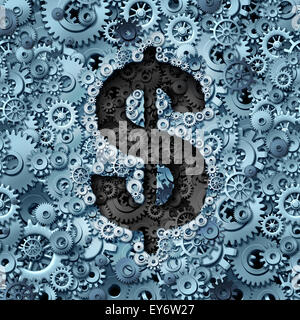 Geld Maschinenkonzept als Finanzoperationen Symbol mit einem Dollar-Zeichen-Symbol in einem Hintergrund von getrieben und Zahnrädern als Metapher für Reichtum Wachstums- und Industrie. Stockfoto