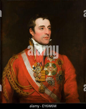 Feldmarschall Arthur Wellesley der 1. Herzog von Wellington tragen Field Marshal Uniform mit Orden vom Goldenen Vlies, star of the Order of the Garter und andere Dekorationen, von Thomas Phillips. Stockfoto