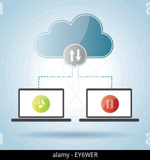 Austausch von Audio- und video-Dateien in die Cloud Computer Laptop Stock Vektor